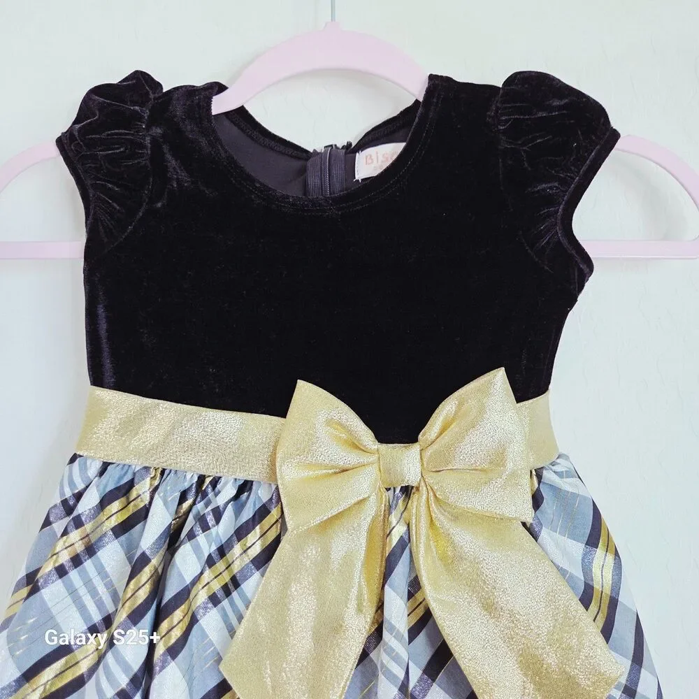Biscotti Collezioni Girls Holiday Dress Size 5 Black Velvet Gold Plaid